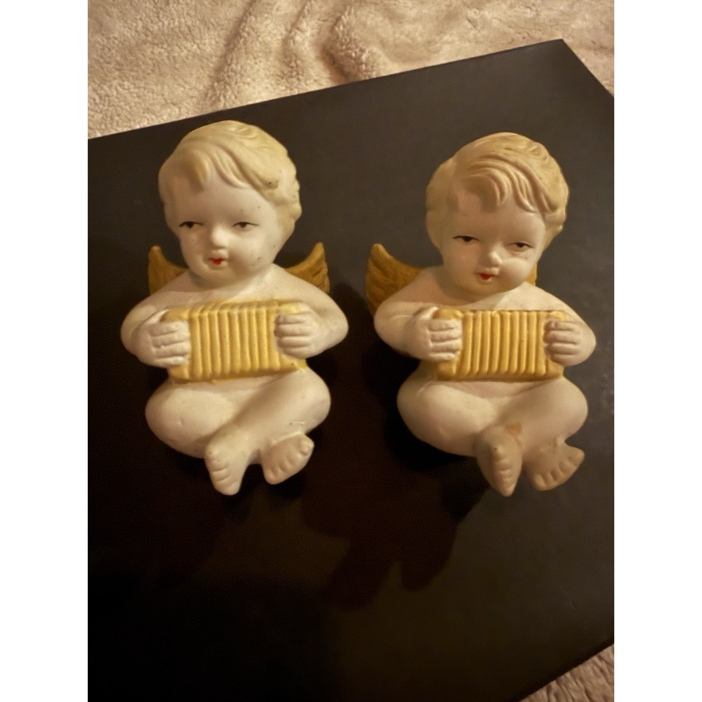 Ceramic Angel Cherub Figurines White Gold Hand Painted Made In China Set of 2
